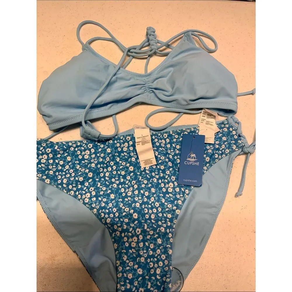 NWT‎ Lrg CUPSHE Women's 2 PC  Bikini Back Braided Straps with Reversible Bottom